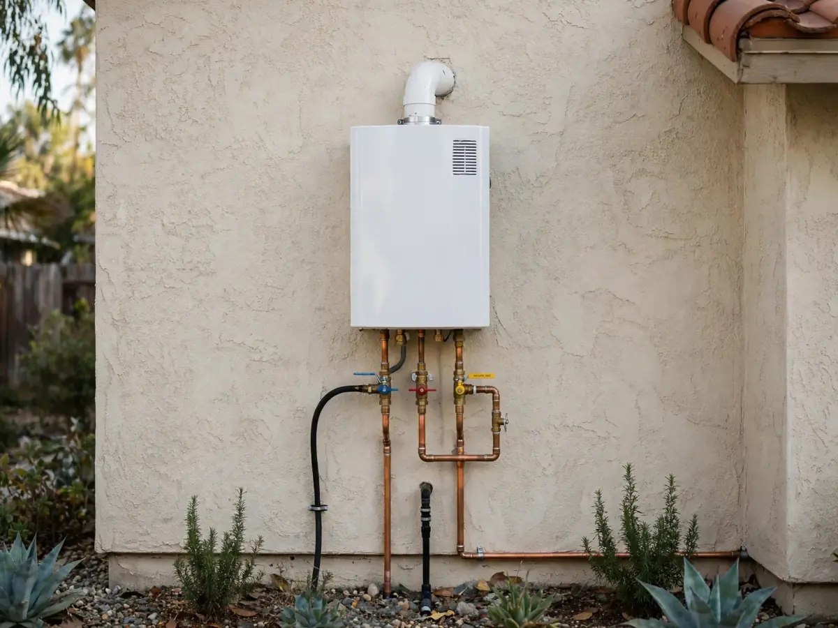 Tankless gas water heater on a stucco wall with copper lines and service valves